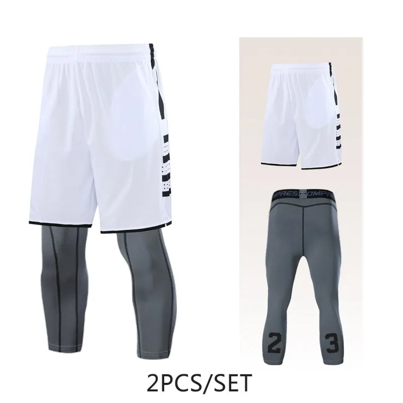 2pcs Set Men Running Shorts Leggings Fitness Compression Sweatpants Gym Jogging Outdoor Sport Basketball Football Clothes v1