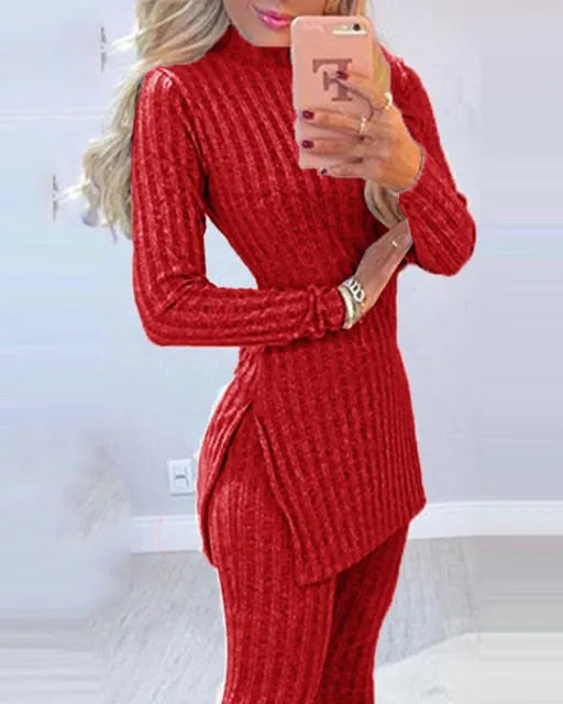 Autumn 2021  Elegant Female Stylish Print Blouse Pant Suits Tracksuit Casual Outfit for Jogging