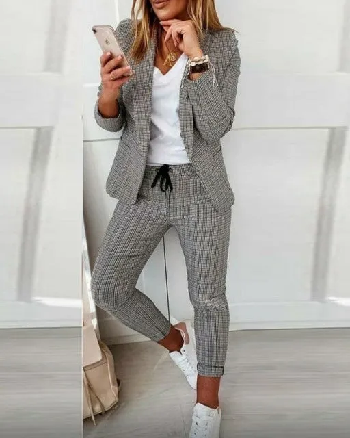 Autumn 2021  Elegant Female Stylish Print Blouse Pant Suits Tracksuit Casual Outfit for Jogging