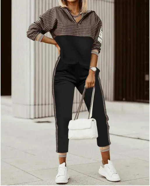 Autumn 2021  Elegant Female Stylish Print Blouse Pant Suits Tracksuit Casual Outfit for Jogging