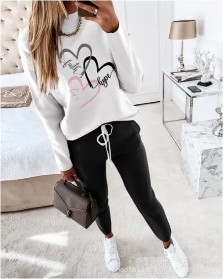 Autumn 2021  Elegant Female Stylish Print Blouse Pant Suits Tracksuit Casual Outfit for Jogging