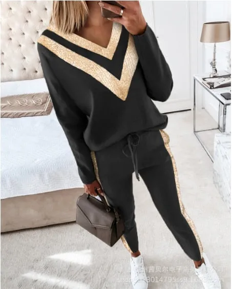 Autumn 2021  Elegant Female Stylish Print Blouse Pant Suits Tracksuit Casual Outfit for Jogging