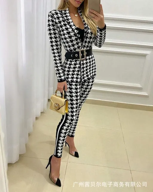 Autumn 2021  Elegant Female Stylish Print Blouse Pant Suits Tracksuit Casual Outfit for Jogging