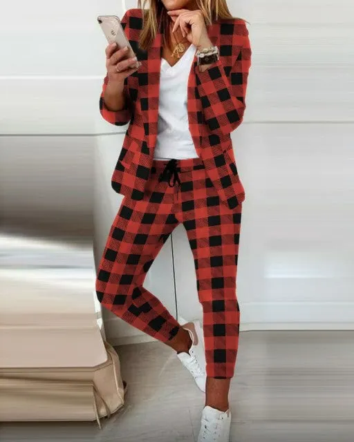 Autumn 2021  Elegant Female Stylish Print Blouse Pant Suits Tracksuit Casual Outfit for Jogging