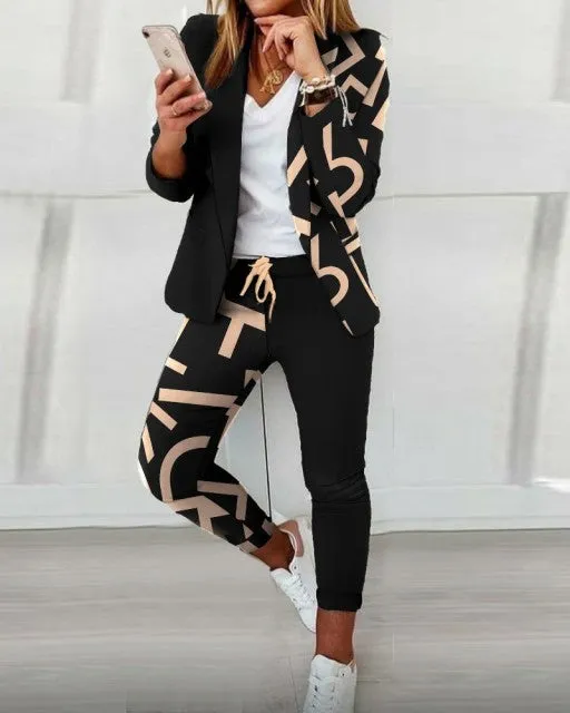 Autumn 2021  Elegant Female Stylish Print Blouse Pant Suits Tracksuit Casual Outfit for Jogging