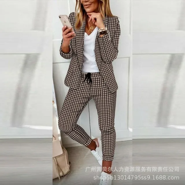 Autumn 2021  Elegant Female Stylish Print Blouse Pant Suits Tracksuit Casual Outfit for Jogging