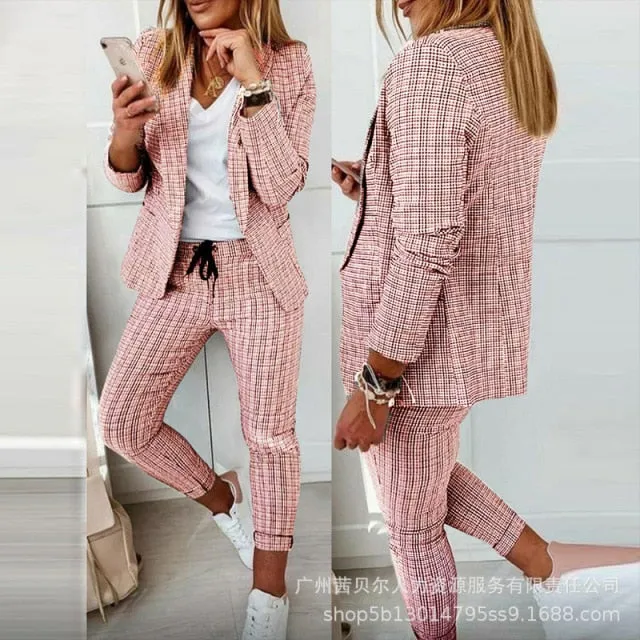 Autumn 2021  Elegant Female Stylish Print Blouse Pant Suits Tracksuit Casual Outfit for Jogging