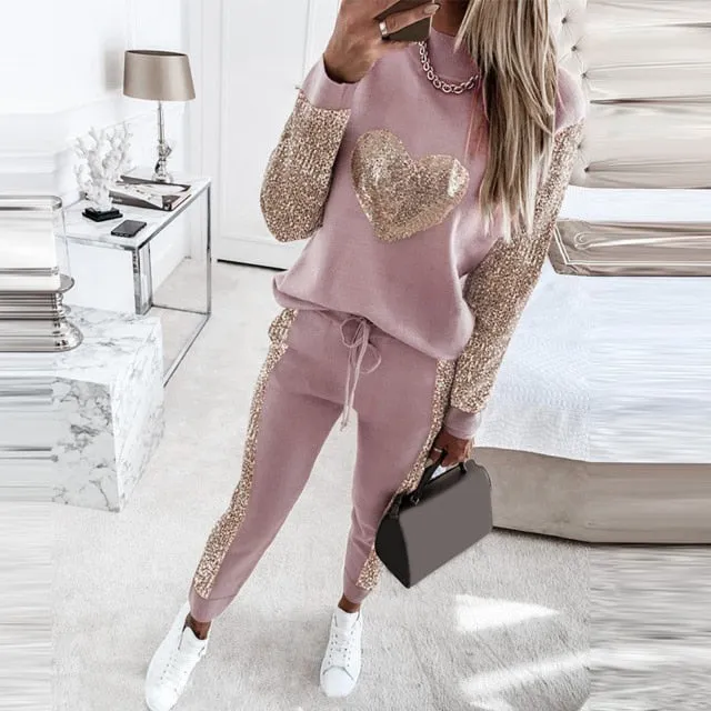 Autumn 2021  Elegant Female Stylish Print Blouse Pant Suits Tracksuit Casual Outfit for Jogging