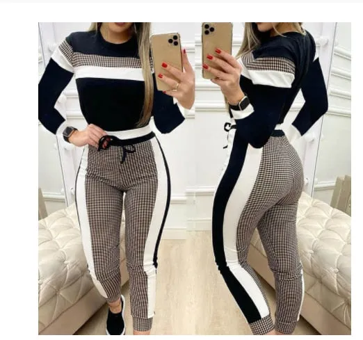 Autumn 2021  Elegant Female Stylish Print Blouse Pant Suits Tracksuit Casual Outfit for Jogging