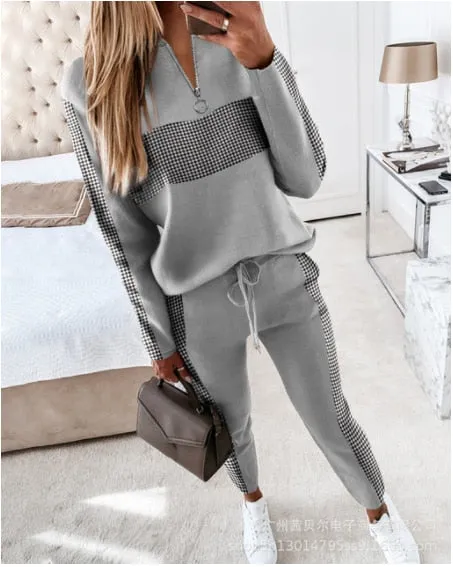 Autumn 2021  Elegant Female Stylish Print Blouse Pant Suits Tracksuit Casual Outfit for Jogging