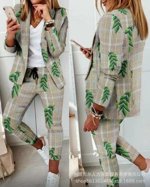 Autumn 2021  Elegant Female Stylish Print Blouse Pant Suits Tracksuit Casual Outfit for Jogging