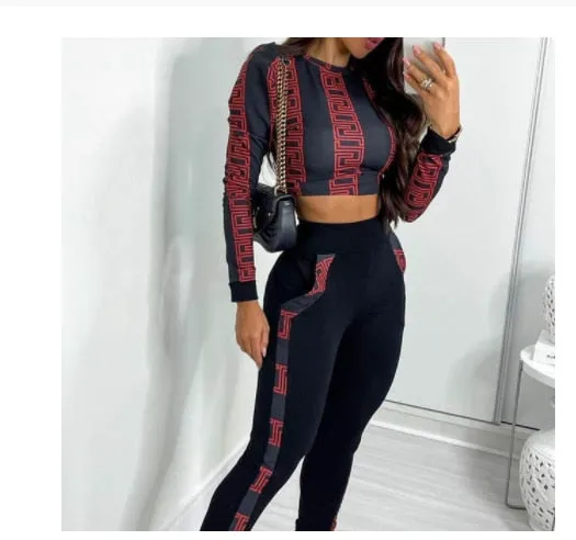 Autumn 2021  Elegant Female Stylish Print Blouse Pant Suits Tracksuit Casual Outfit for Jogging