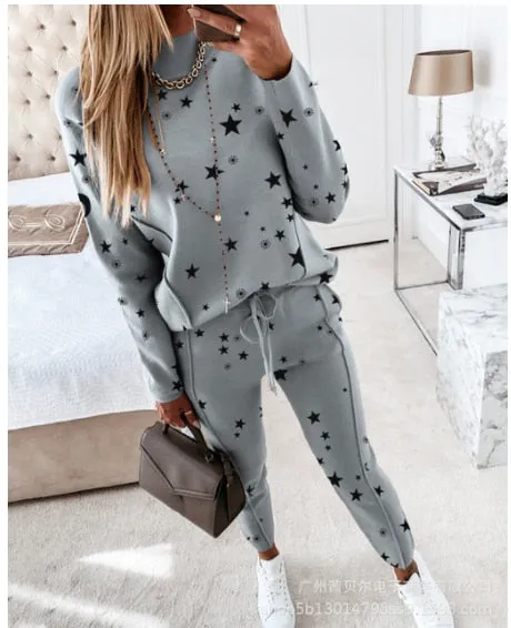 Autumn 2021  Elegant Female Stylish Print Blouse Pant Suits Tracksuit Casual Outfit for Jogging