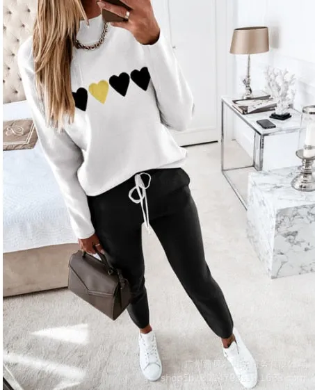 Autumn 2021  Elegant Female Stylish Print Blouse Pant Suits Tracksuit Casual Outfit for Jogging