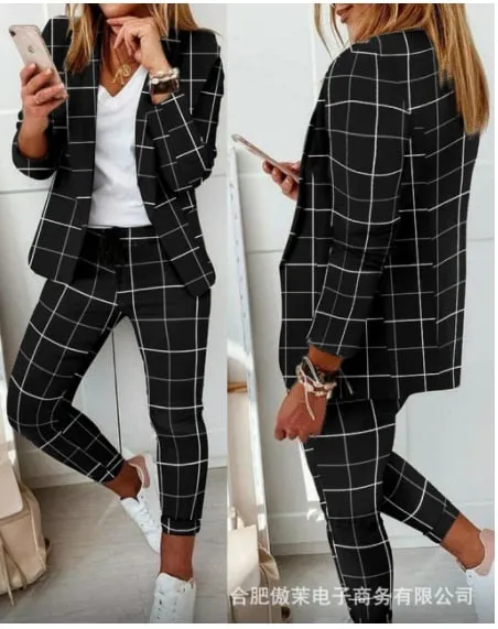 Autumn 2021  Elegant Female Stylish Print Blouse Pant Suits Tracksuit Casual Outfit for Jogging