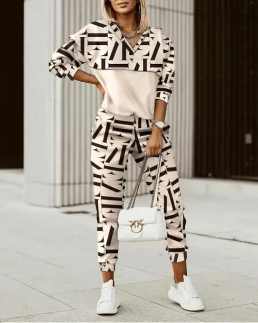 Autumn 2021  Elegant Female Stylish Print Blouse Pant Suits Tracksuit Casual Outfit for Jogging