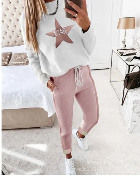 Autumn 2021  Elegant Female Stylish Print Blouse Pant Suits Tracksuit Casual Outfit for Jogging