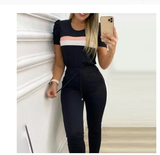 Autumn 2021  Elegant Female Stylish Print Blouse Pant Suits Tracksuit Casual Outfit for Jogging