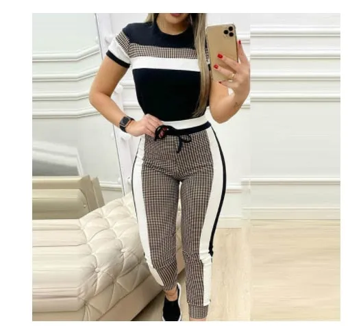 Autumn 2021  Elegant Female Stylish Print Blouse Pant Suits Tracksuit Casual Outfit for Jogging