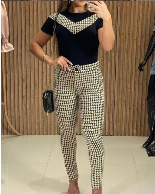 Autumn 2021  Elegant Female Stylish Print Blouse Pant Suits Tracksuit Casual Outfit for Jogging