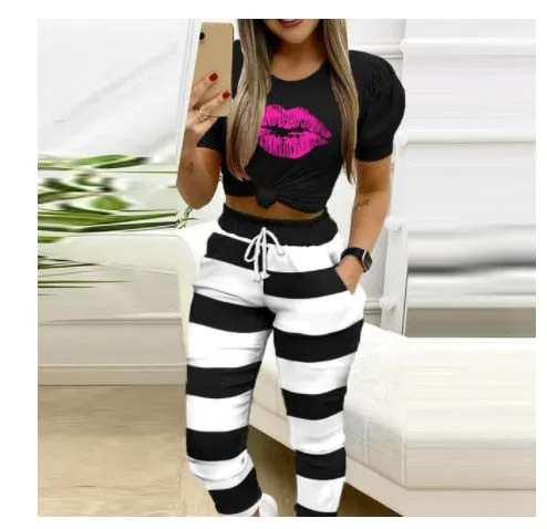 Autumn 2021  Elegant Female Stylish Print Blouse Pant Suits Tracksuit Casual Outfit for Jogging