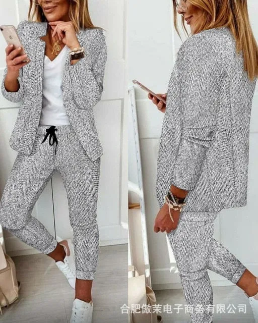 Autumn 2021  Elegant Female Stylish Print Blouse Pant Suits Tracksuit Casual Outfit for Jogging