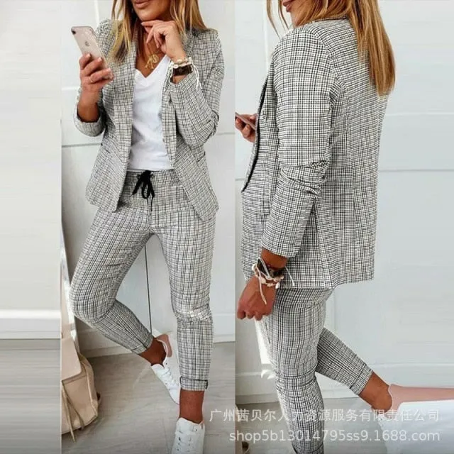 Autumn 2021  Elegant Female Stylish Print Blouse Pant Suits Tracksuit Casual Outfit for Jogging