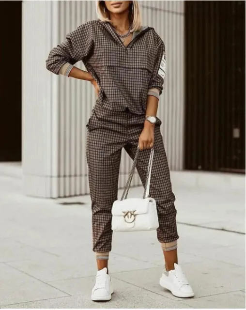 Autumn 2021  Elegant Female Stylish Print Blouse Pant Suits Tracksuit Casual Outfit for Jogging