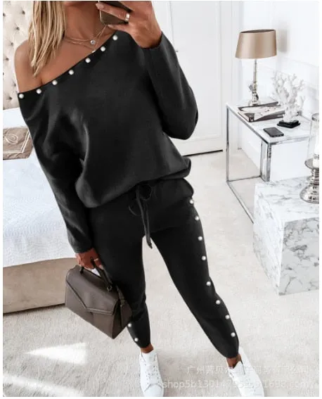 Autumn 2021  Elegant Female Stylish Print Blouse Pant Suits Tracksuit Casual Outfit for Jogging