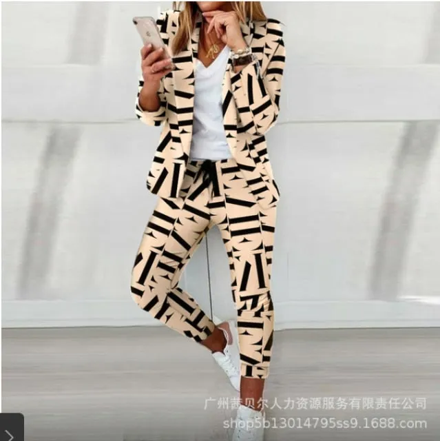 Autumn 2021  Elegant Female Stylish Print Blouse Pant Suits Tracksuit Casual Outfit for Jogging