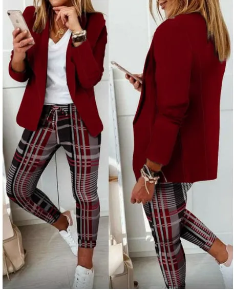 Autumn 2021  Elegant Female Stylish Print Blouse Pant Suits Tracksuit Casual Outfit for Jogging