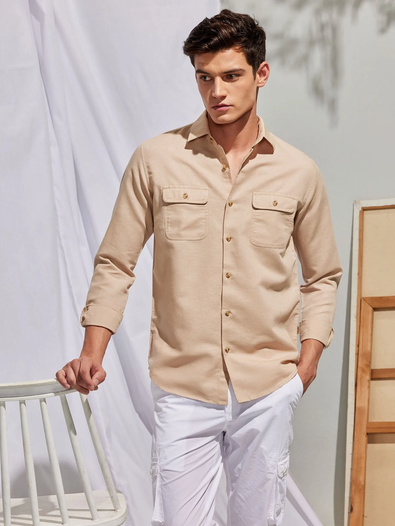 Beige Linen Cargo Shirt