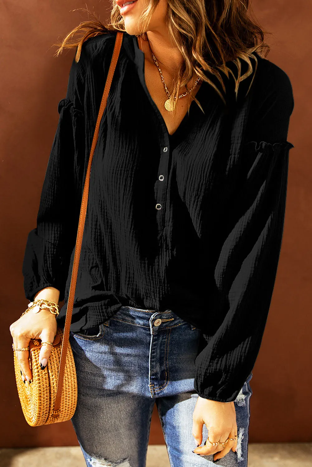 Black Casual Crinkled Blouse Top