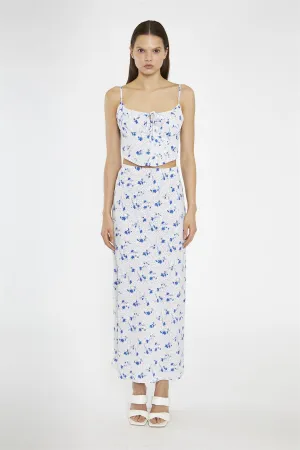 Blue-Dot Vintage-Floral Bias-Cut Midi-Skirt