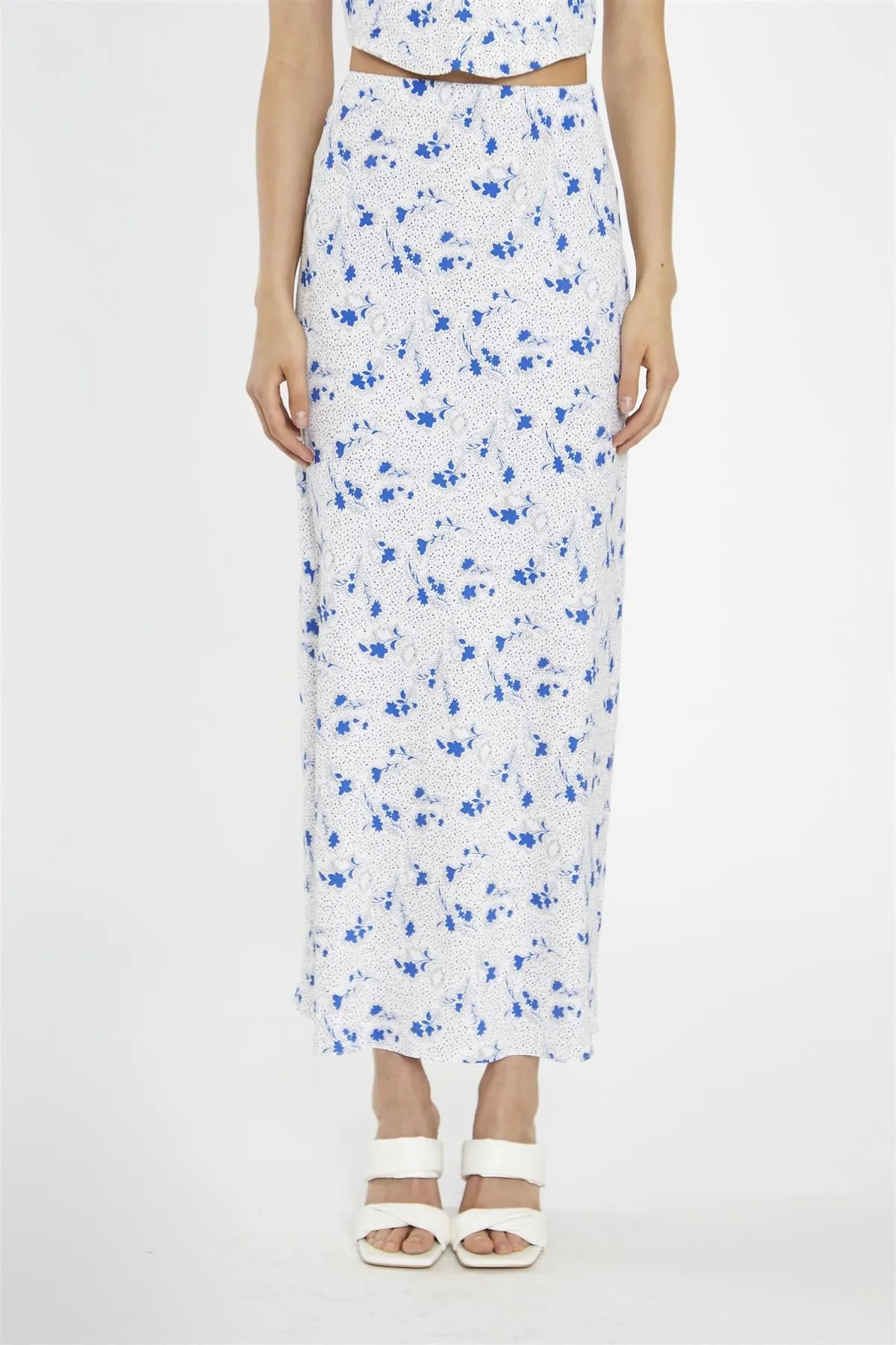 Blue-Dot Vintage-Floral Bias-Cut Midi-Skirt