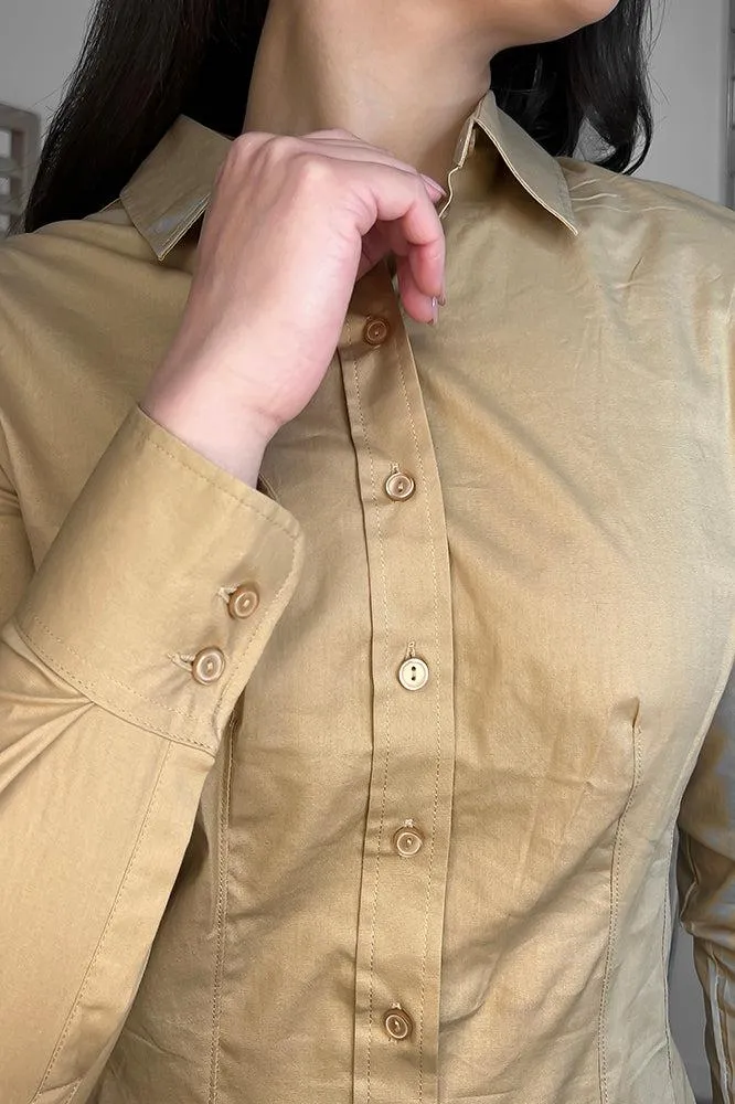 Camel Cotton Blend Button Down Smart Shirt