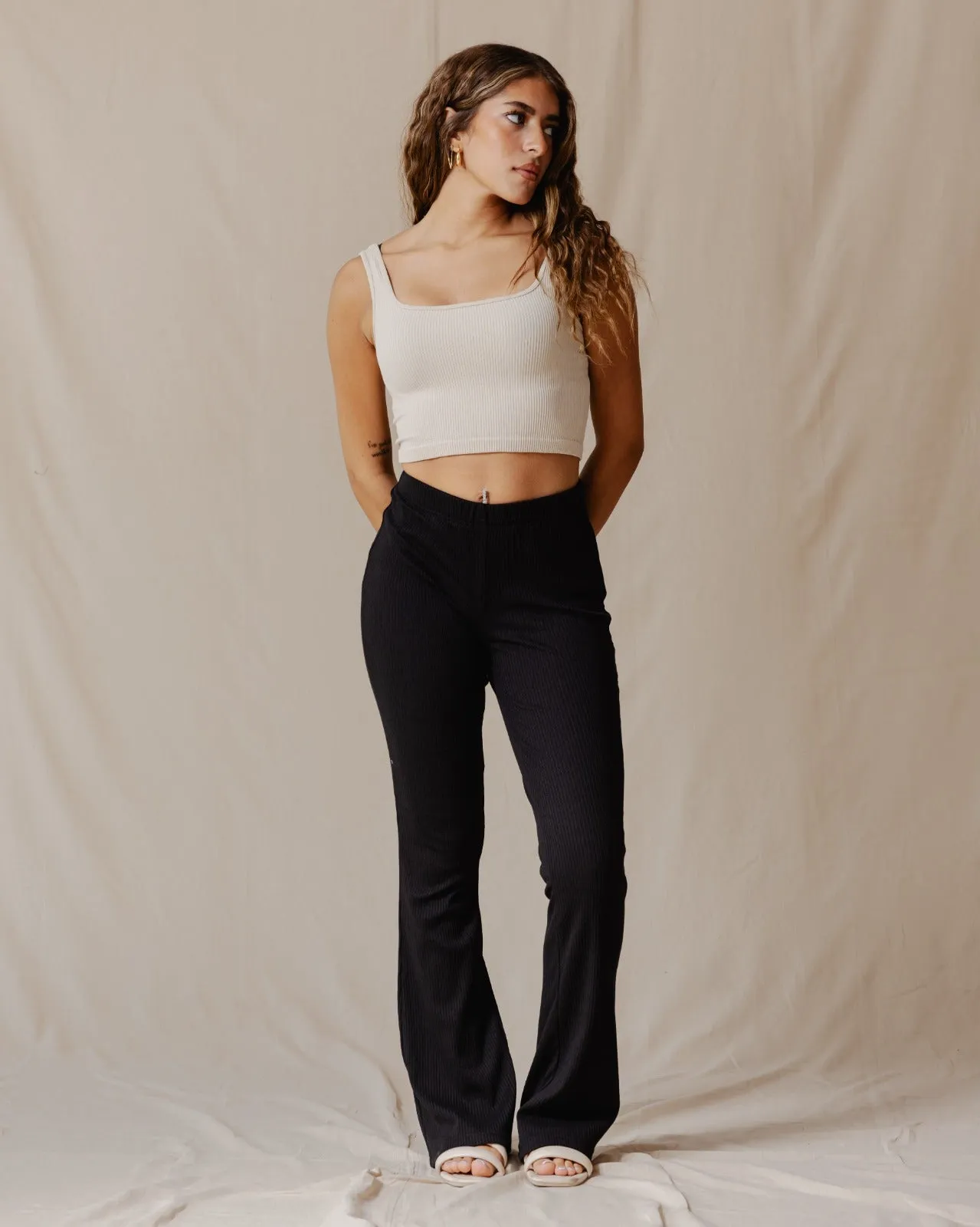 Flare Ribbed Pants Black