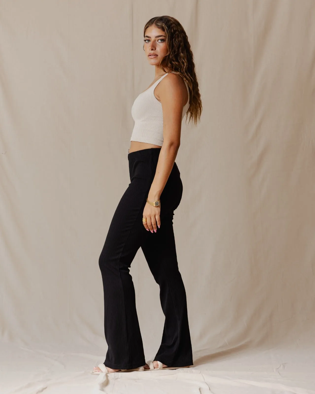 Flare Ribbed Pants Black