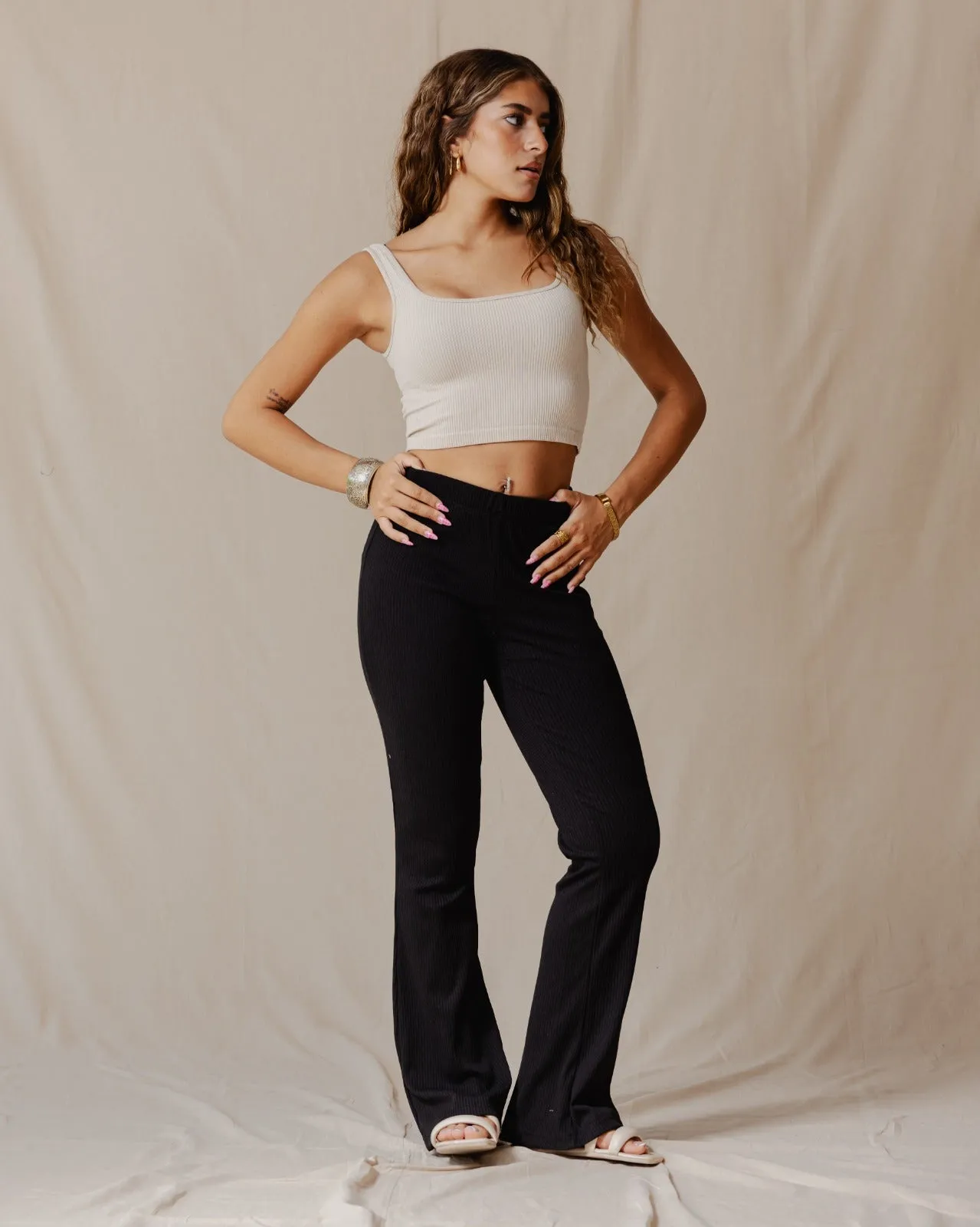 Flare Ribbed Pants Black