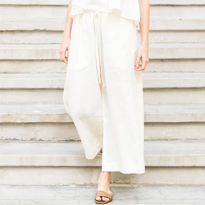 French Ramie Cotton Lace up Wide Leg Pants Summer Holiday Slimming Cropped Pants Small Straight Leg Pants