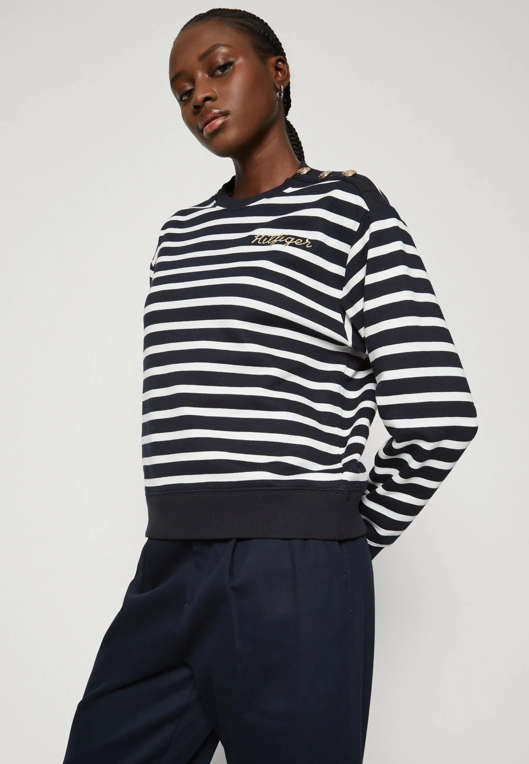 GOLD BUTTON STRIPE SWEATSHIRT