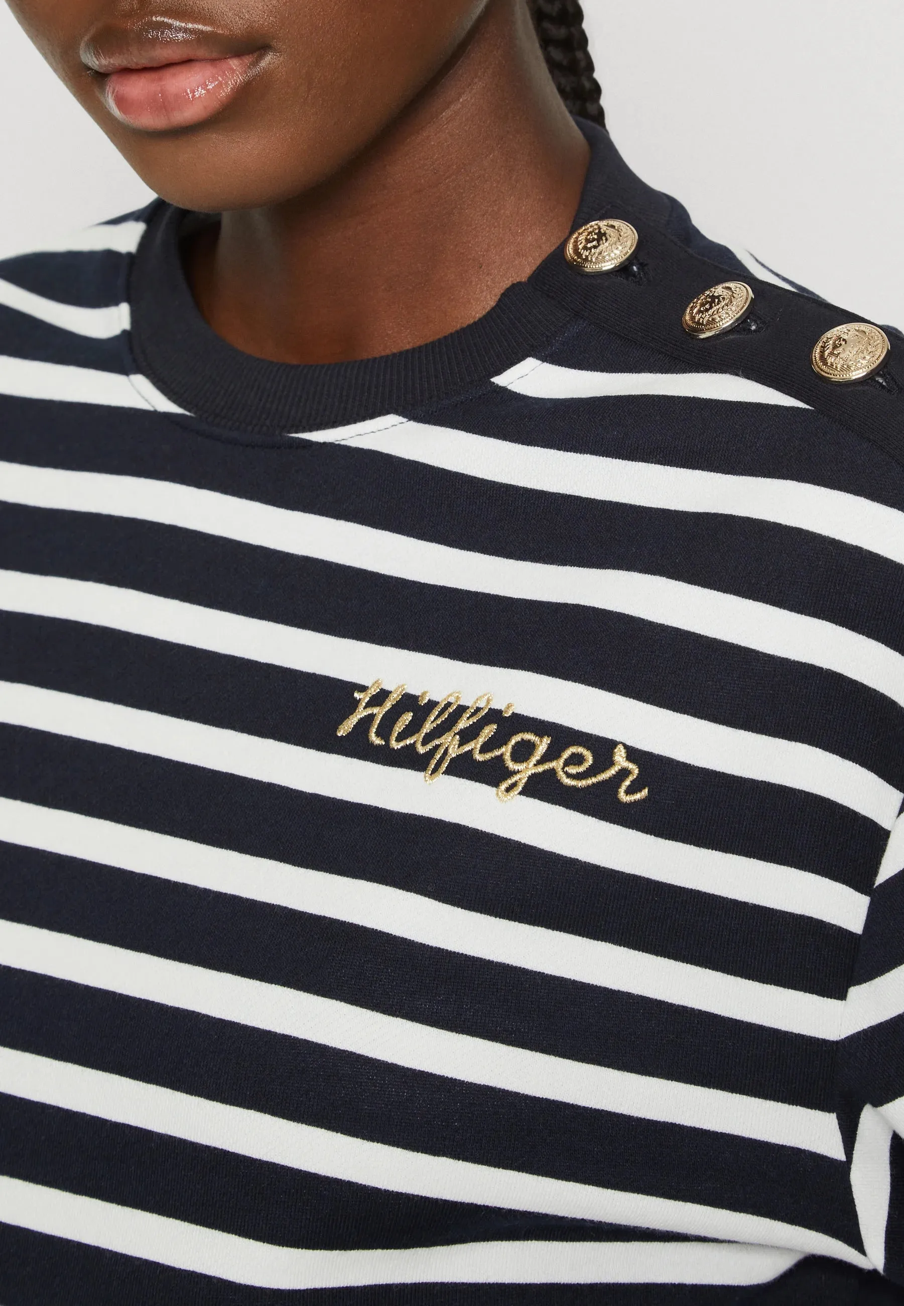 GOLD BUTTON STRIPE SWEATSHIRT