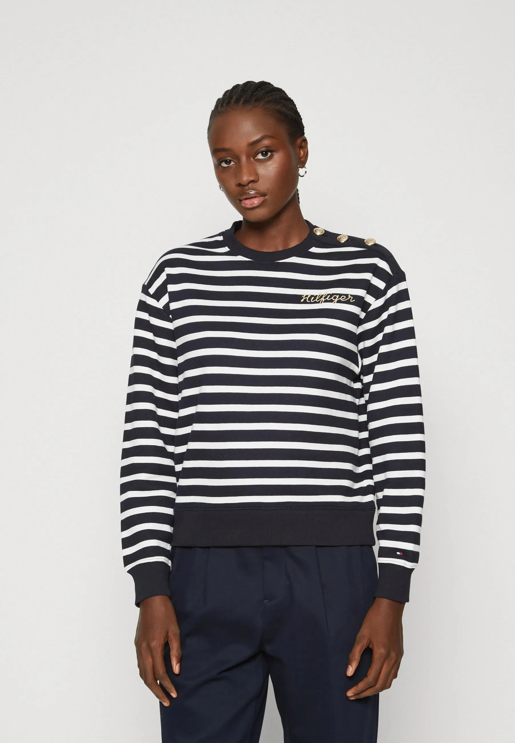 GOLD BUTTON STRIPE SWEATSHIRT