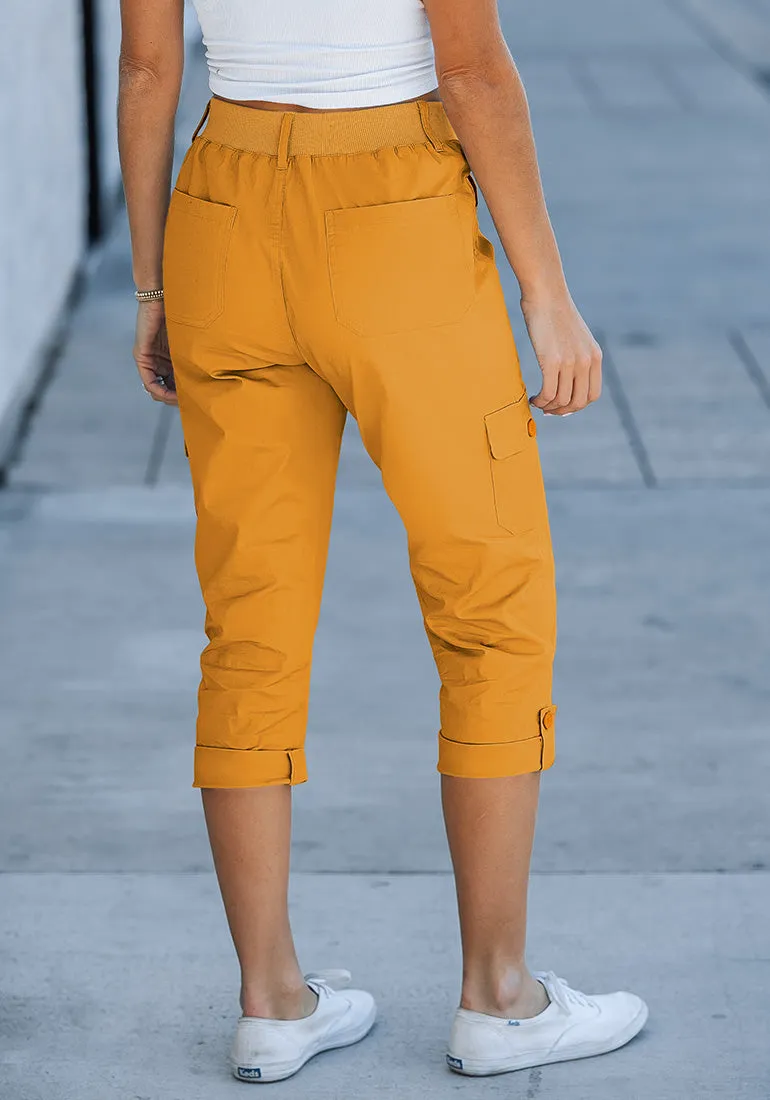 Golden Rod Women's High Wasited Cargo Pants Cuffed Hem Elastic Waist Capri Pants With Pockets