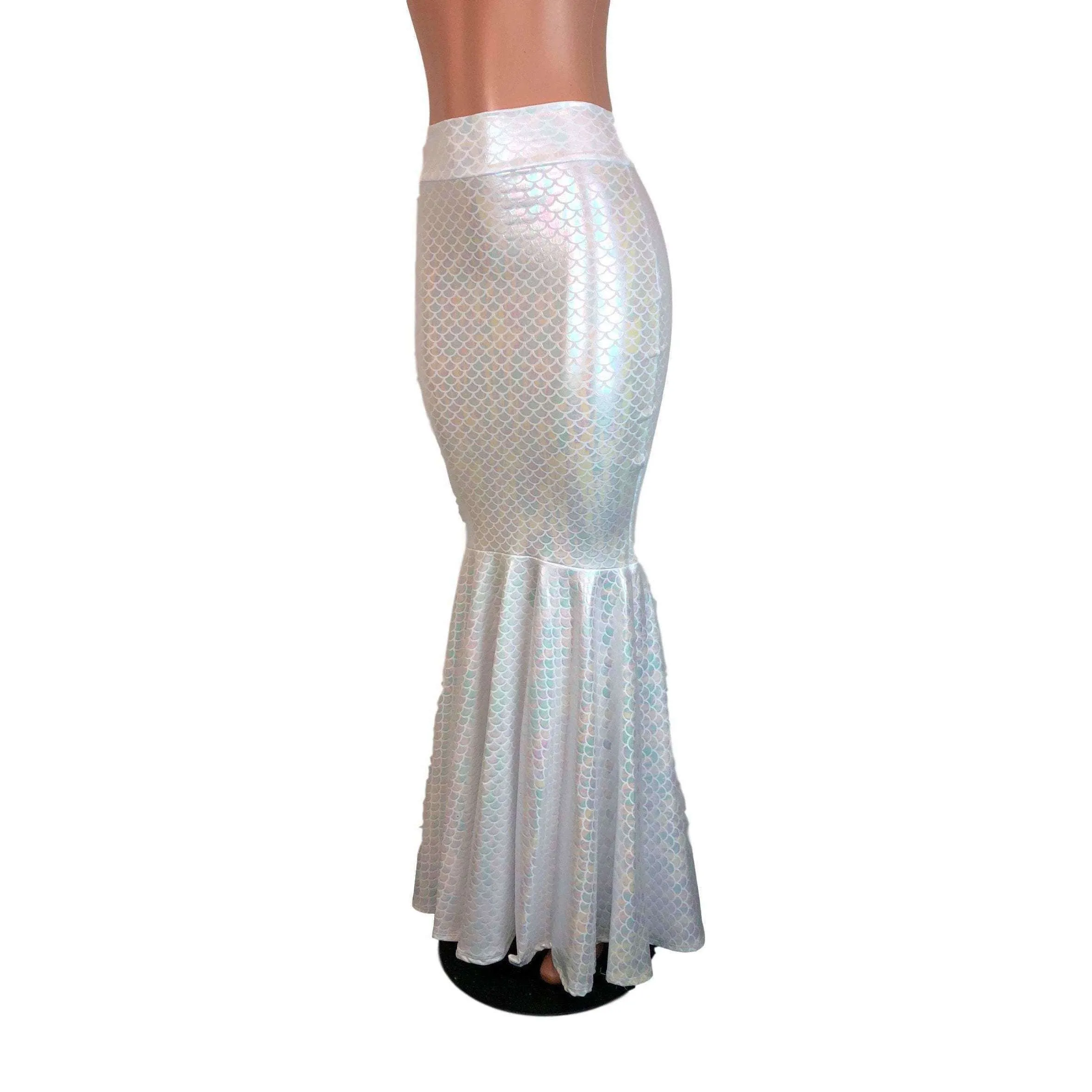 Long Mermaid Skirt - White Mermaid Scales Fit n Flare Maxi Skirt