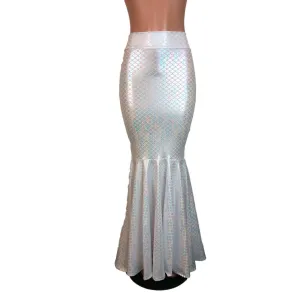 Long Mermaid Skirt - White Mermaid Scales Fit n Flare Maxi Skirt