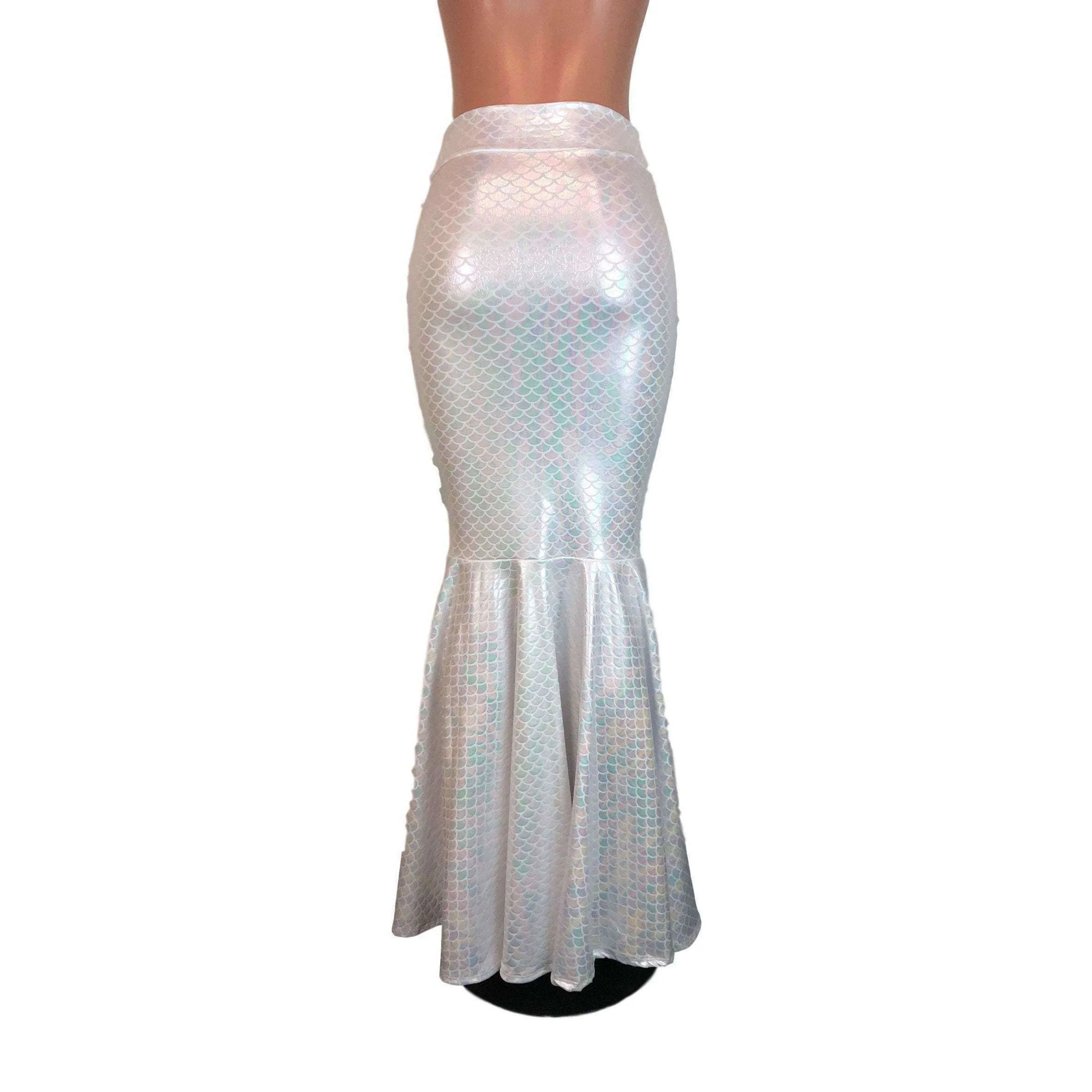 Long Mermaid Skirt - White Mermaid Scales Fit n Flare Maxi Skirt