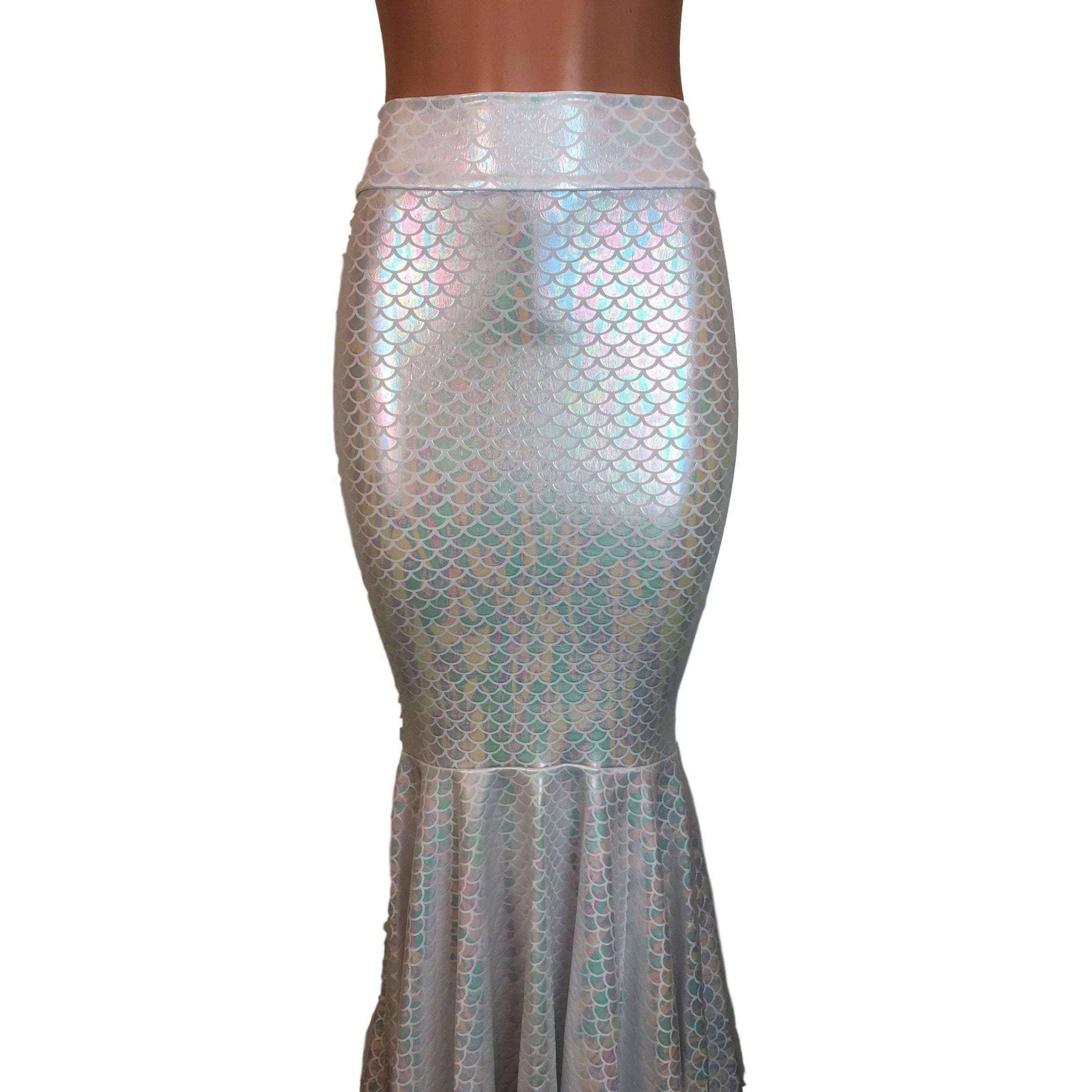 Long Mermaid Skirt - White Mermaid Scales Fit n Flare Maxi Skirt