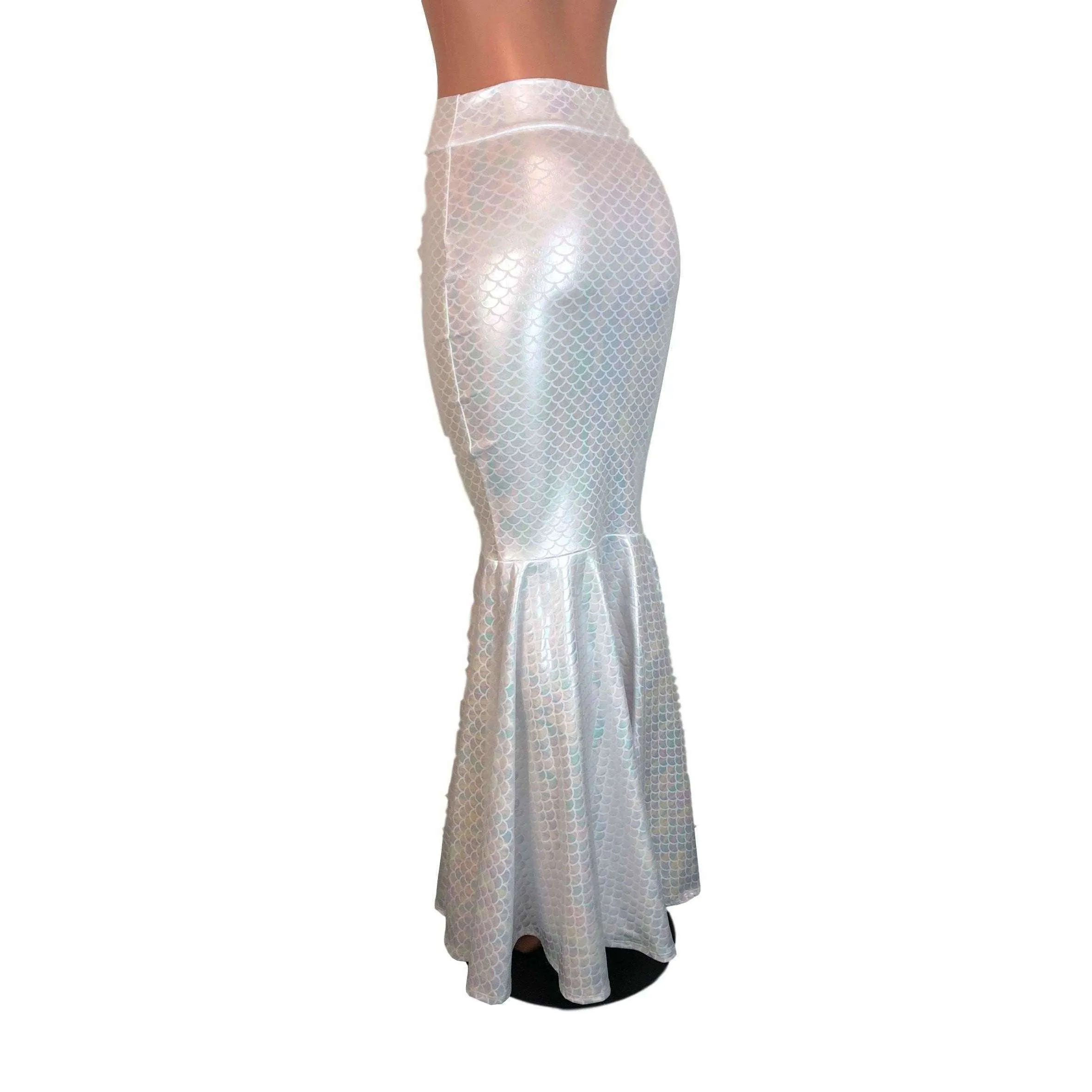 Long Mermaid Skirt - White Mermaid Scales Fit n Flare Maxi Skirt