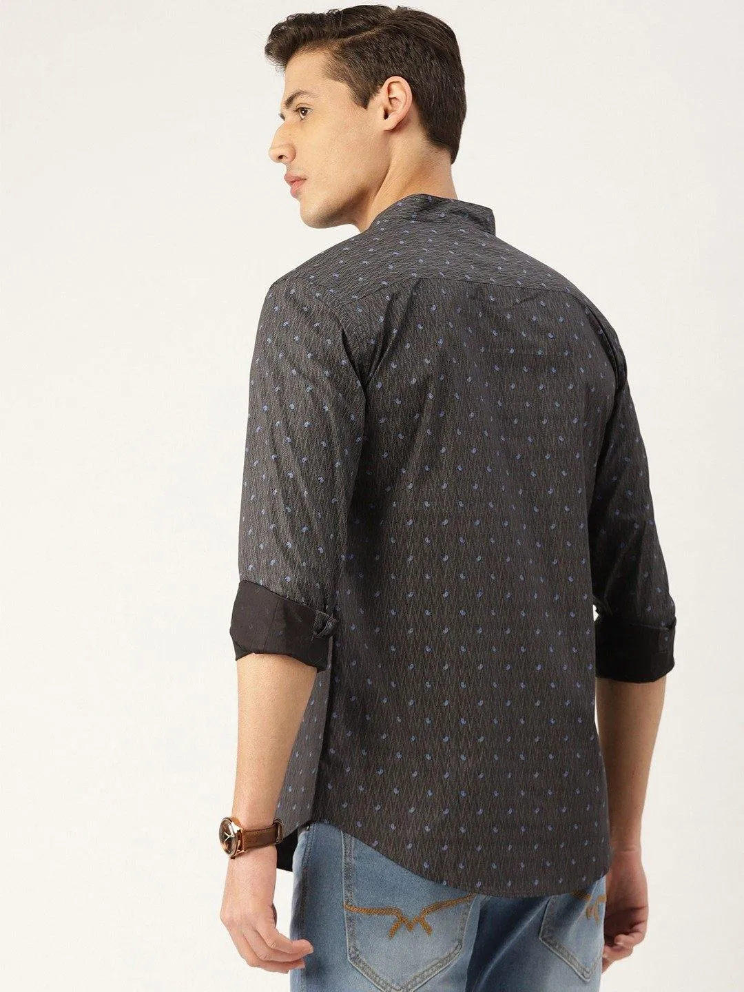 Men Charcoal Grey & Blue Paisley Print Smart Shirt